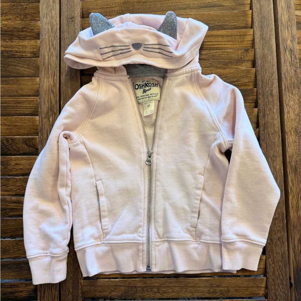 OshKosh B'gosh Pink Zip-Up Hoodie with Silver Sparkle Cat Ears Size 5T